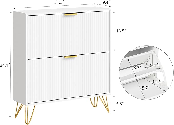 Shoe Storage Cabinet with 2 Flip Drawers, Fluted White Shoe Cabinet Storage for Entryway Slim, Narrow Shoe Organizer Cabinet, Modern Freestanding Shoe Rack for Entryway, White