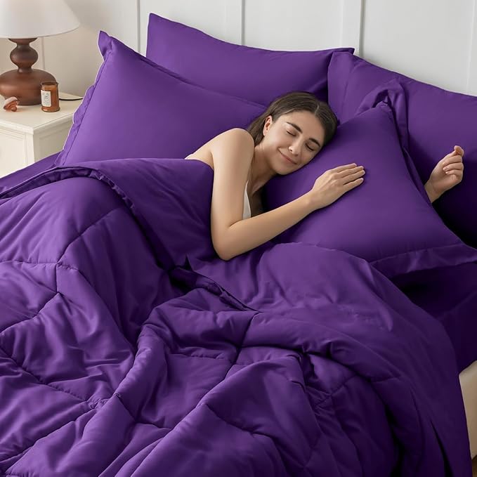 JOLLYVOGUE Full Comforter Set, Ultra-Soft Bed in a Bag Full Size 7 Pieces, Oeko-TEX Certified Bedding Set with Down Alternative Comforter, Sheets, Pillowcases & Shams, Purple