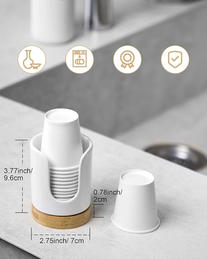 Ceramic Bathroom Cups Dispenser - 3 oz Disposable Paper & Plastic Bathroom Cups Holder - Mouthwash Cups Dispenser for Bathroom, Guest Toiletries, Countertop - BPA Free, Kids Safe(White)