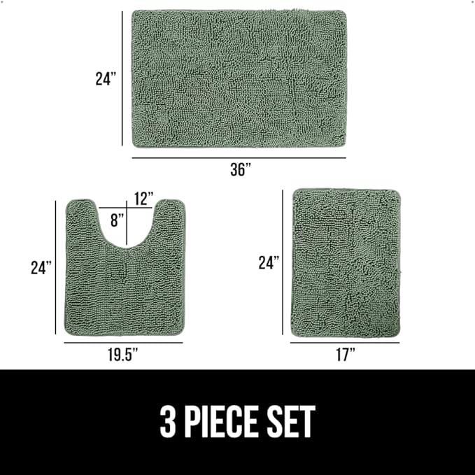 GORILLA GRIP Bathroom Rug Sets 3 Piece, Bath Mat Set and Oval Toilet Base with Rubber Backing, Plush Absorbent Shaggy Chenille Washable Mats, Includes 24x19.5, 24x17 and 36x24 Inch Rugs, Sage