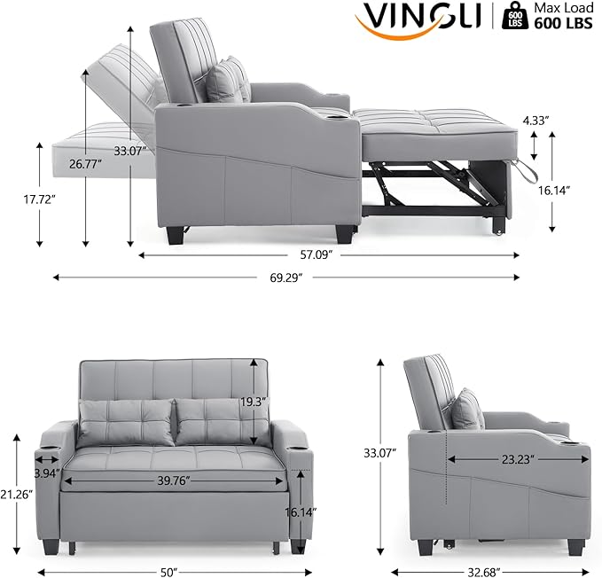 VINGLI Convertible Loveseat Sleeper, Light Grey Faux Leather Futon Sofa Bed Pullout Couch Bed with USB Ports, Cup Holders, Armrest for Living Room, Bedroom, Home Office Apartment