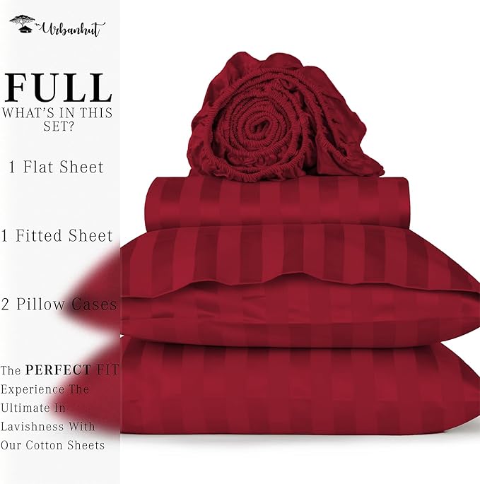 URBANHUT 800 Thread Count 100% Cotton Damask Full Size Sheets, 4 Piece Striped Full Size Bedsheets, Luxury Hotel Sheets Sateen Weave - Better Than Egyptian, 16" Elasticized Deep Pocket- Burgundy