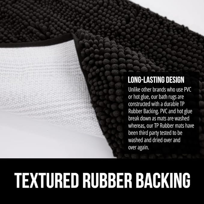 GORILLA GRIP Bathroom Rug Sets 3 Piece, Bath Mat Set and Oval Toilet Base with Rubber Backing, Plush Absorbent Shaggy Chenille Washable Mats, Includes 24x19.5, 24x17 and 36x24 Inch Rugs, Black