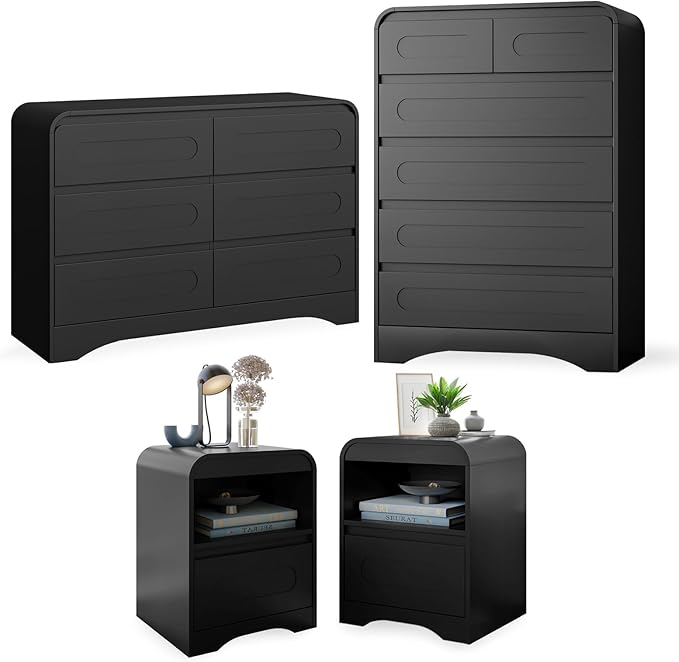 4 Pcs Bedroom Set, Dresser and Nightstand Sets, Including Modern Wooden Tall 6 Drawer Dressers, Wide 6 Drawers Dresser & Night Stand Set of 2 for Bedroom, Black