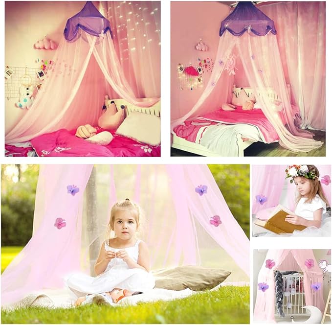 Mosquito Net Bed Canopy Curtains Princess Butterfly Reading Canopies for Girls Kids Single Twin Full Queen Size Beds, Pink and Purple