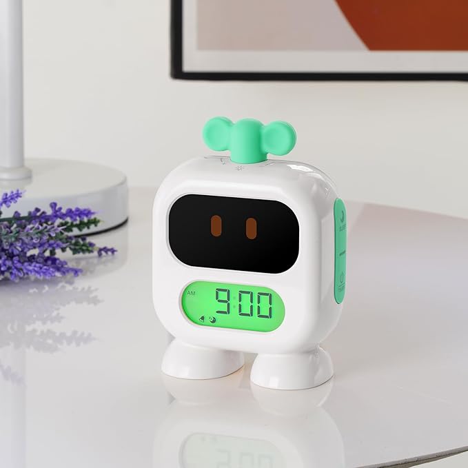 Kids Alarm Clock Ok to Wake with Green Light Red Light, Nap Timer, Robot Toddler Sleep Training Clock for Children (Green)