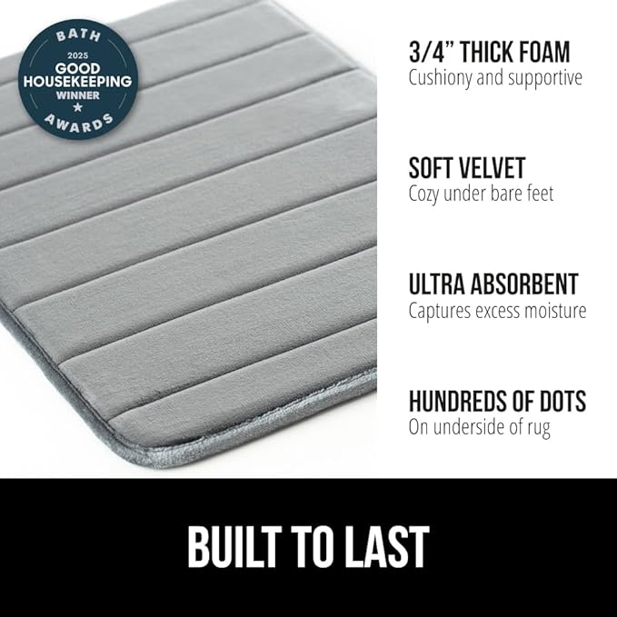 GORILLA GRIP Memory Foam Bath Mat, Soft Absorbent US Designed Bathroom Rug, Gripping Dots Machine Washable Bathmat, Cushioned Floor Mats, Shower Sink Rugs Room Décor Accessories, 60x24 Graphite Gray