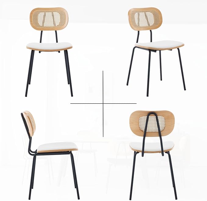 HEAH-YO Dining Chairs Set of 2, Upholstered Faux Leather Rattan Dining Chairs with Backrest and Metal Legs, Armless Kitchen Rattan Chairs for Dining Room, White