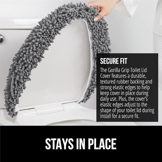 GORILLA GRIP Soft Chenille Bathroom Toilet Lid Cover, Machine Washable Seat Covers, 19.5x18.5, Stays in Place Rubber Backing, Fits Most Round, Elongated and Oblong Lids, Accessories Decor, Gray