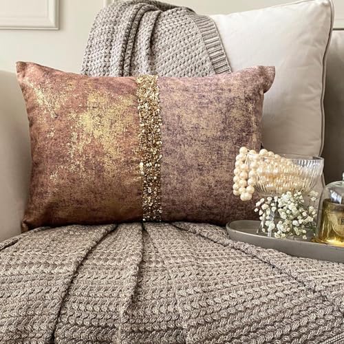 The HomeCentric Pack of 2 Decorative Lumbar Pillow Cover Rust & Gold, Sequins - Image 2