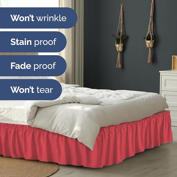 Wrap Around Dust Ruffle Bed Skirt - Red - for Full Size Beds with 15 Inch Drop - Easy Fit Elastic Strap - Adjustable Pleated Bedskirt w/Brushed Fabric - Wrinkle Free - for Women, Men, Kids & Teens