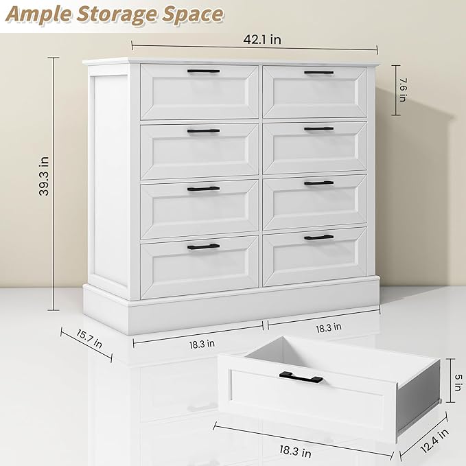 Odeekea White Dresser for Bedroom, Wood Dresser with 8 Drawers, Chest of Drawer for Bedroom Living Room Entryway Hallway, Modern Farmhouse Style