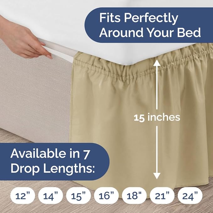 Wrap Around Dust Ruffle Bed Skirt - Beige - for Queen Size Beds with 15 Inch Drop - Easy Fit Elastic Strap - Adjustable Pleated Bedskirt w/Brushed Fabric - Wrinkle Free - for Women, Men, Kids & Teens