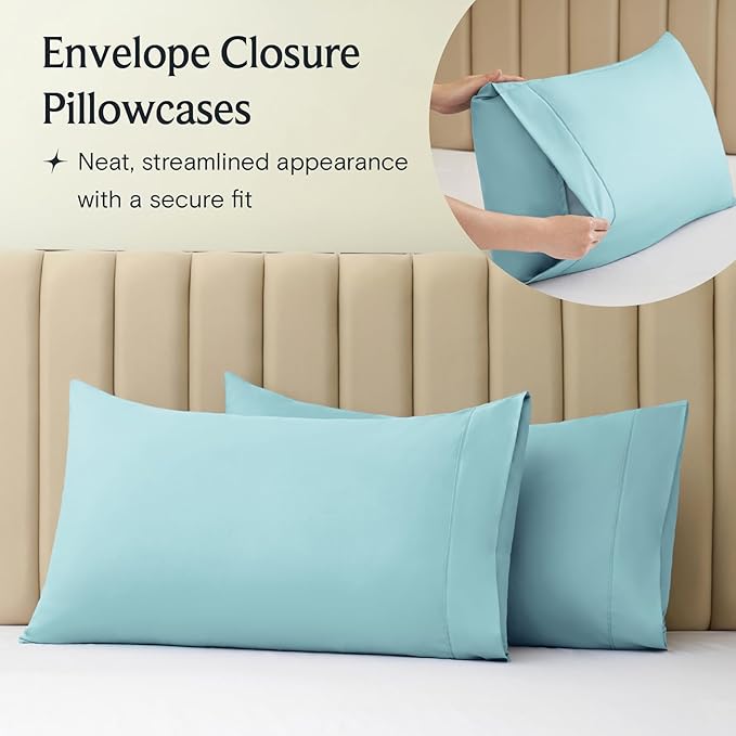 LuxClub 4 PC California King Sheet Set, Deep Pockets Wrinkle Free Cooling Bed Sheets Hotel Bedding for Women, Men, Includes 1 Fitted Sheet, 1 Flat Sheet and 2 Pillowcases-Aqua