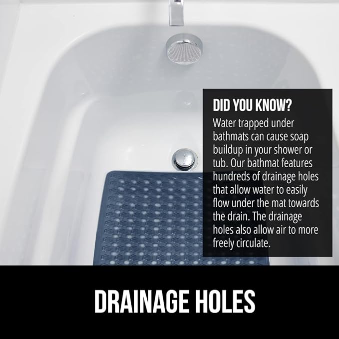 GORILLA GRIP Patented Bath Tub Shower Mat, Machine Washable Bathtub Floor Liner Mats, Suction Cups and Drain Holes to Keep Tubs Clean, Soft on Feet, Bathroom Essentials, 35x16 Inch, Clear Navy
