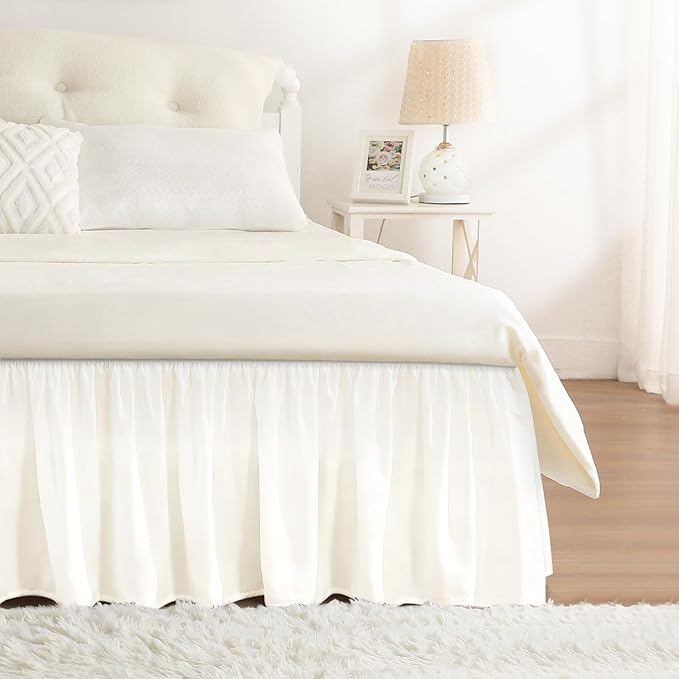RIMELA Cream White Bed Skirt Queen Size 15 Inch Drop, Wrap Around Elastic Bedskirt, Dust Ruffle for Adjustable Bed Base Machine Washable Easy to Install Bed Skirts