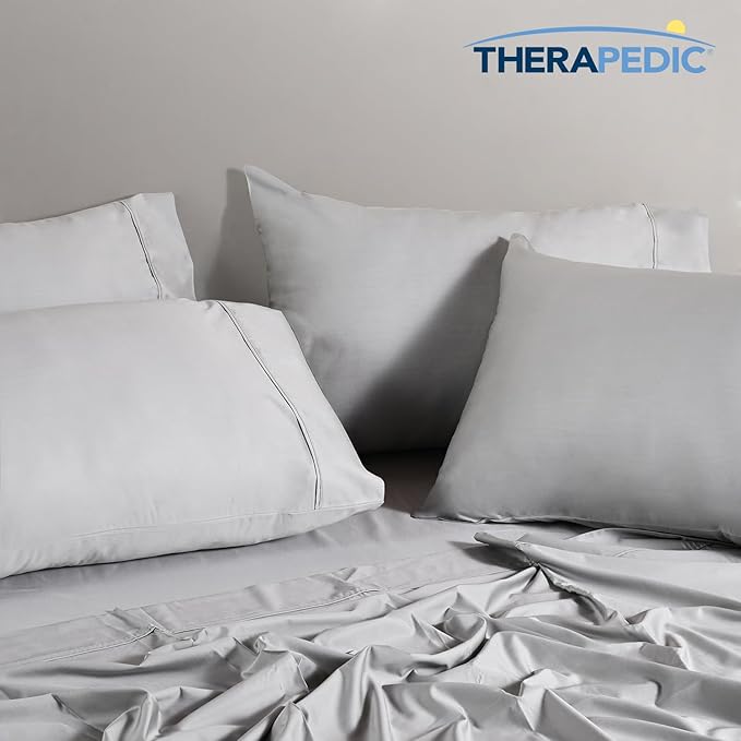 Therapedic 1000TC Split King 7-Piece Sheet Set - 100% Organic Rayon Dervied from Bamboo Blend with Cooling Fiber, Ideal for Hot Sleepers - 16" Deep Pocket Fitted Sheet, Bonus Pillowcases - Light Grey