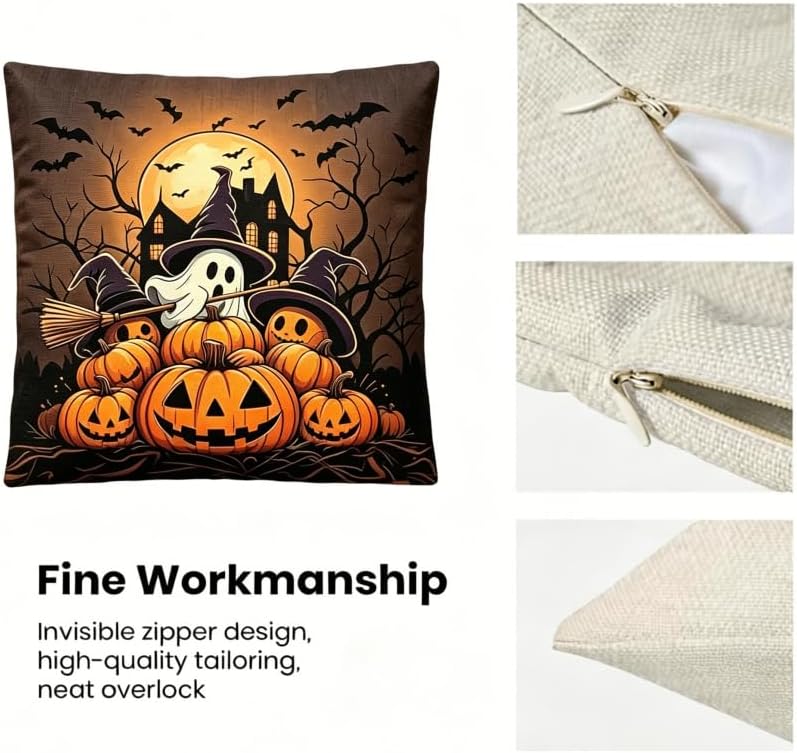 Halloween Throw Pillow Covers, 18x18 Inch, Ghost Pumpkin and Bat Design - Image 3
