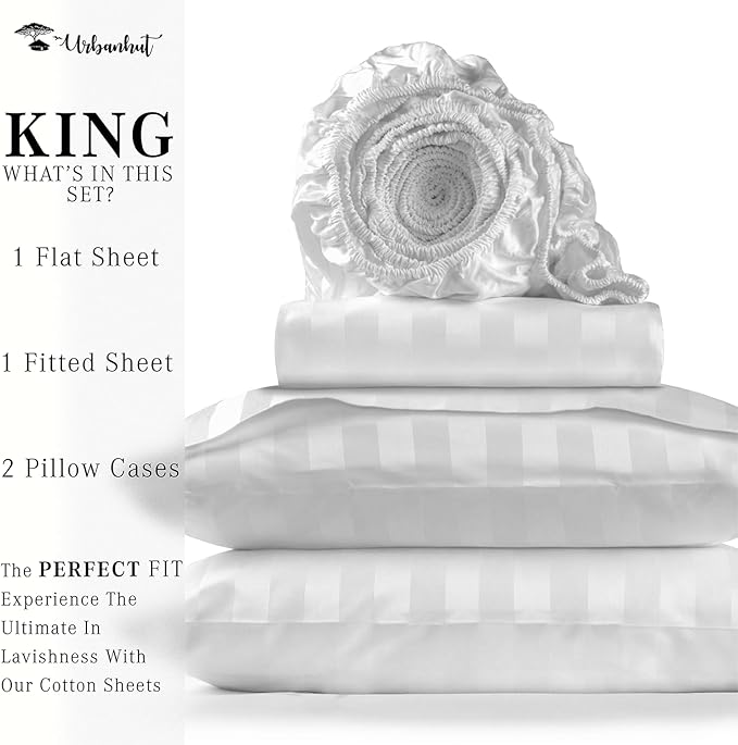 URBANHUT 800 Thread Count 100% Cotton Damask King Size Sheets, 4 Piece Striped King Size Bedsheets, Luxury Hotel Sheets Sateen Weave - Better Than Egyptian, 16" Elasticized Deep Pocket- White