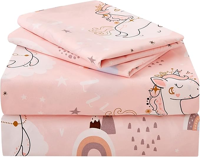 JSD Pink Unicorn Kids Sheet Set Twin Size, 3 Piece Girls Rainbow Printed Microfiber Bed Sheets Deep Pocket