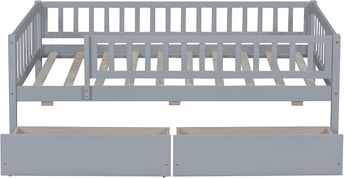 Bellemave Twin Bed Frames with Rails for Kids, Twin daybed Frame with Drawers for Boys/Girls/Adults，Gray