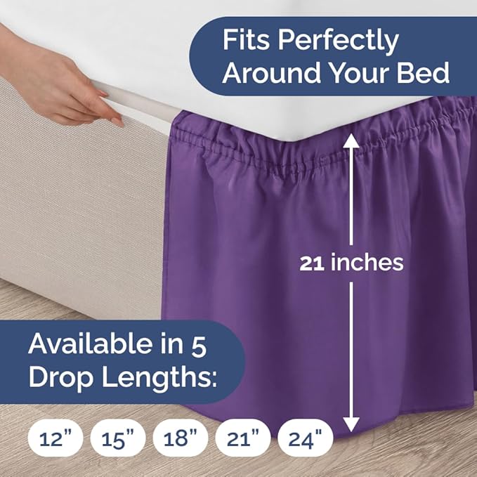 Wrap Around Dust Ruffle Bed Skirt - Purple - for Queen Size Beds with 21 Inch Drop - Easy Fit Elastic Strap - Adjustable Pleated Bedskirt w/Brushed Fabric Wrinkle Free - for Women, Men, Kids & Teens