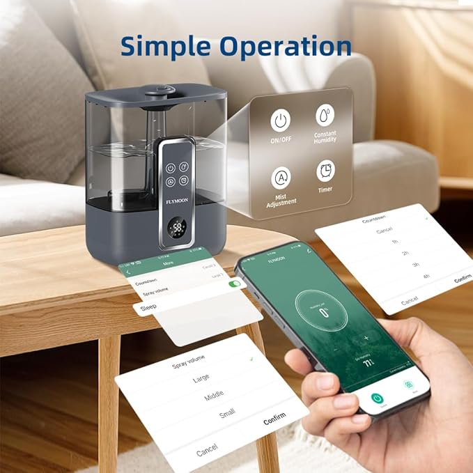 FLYMOON Humidifier for Bedroom, Mist Humidifiers with 5L Large Capacity, Top Fill, 28dB, Humidifier with 3 Mist Levels, Leak-Proof, 12H Timer, App Control, Black