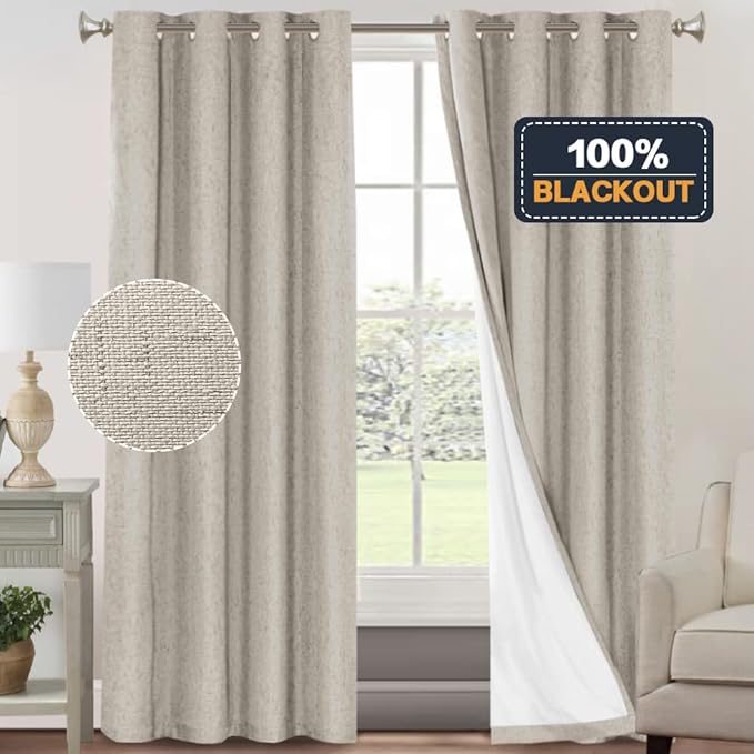 PrinceDeco 100% Blackout Curtains Linen Blackout Curtains 84 Inches Long for Dining Room Grommet Soundproof Window Treatment Drapes for Hall Room, 52" Wide Per Panel, Set of 2，Cobblestone