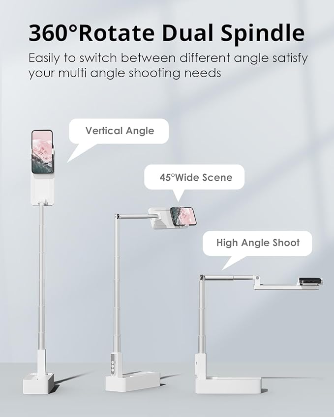 Phone Stand for Recording, Overhead Phone Mount with Light, Selfie Stand,Portable,Extendable,360° Rotate,Adjustable,Wireless Remote,Rechargeable, for 3.5-6.9" Phones, Live Streaming, White
