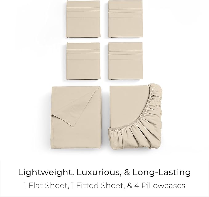 Mellanni Queen Sheet Set - 6-Piece Iconic Collection Bedding, (Including 4 Pillowcases), 21-Inch Extra Deep Pocket, Easy Care, Ultra Soft, Cooling Sheets, Brushed Microfiber - Beige