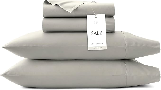 BOLL & BRANCH Signature Hemmed Sheet Set - Twin, Pewter - Luxury 100% Organic Cotton - Includes 1 Flat, 1 Fitted, 2 Pillowcases - Buttery Soft