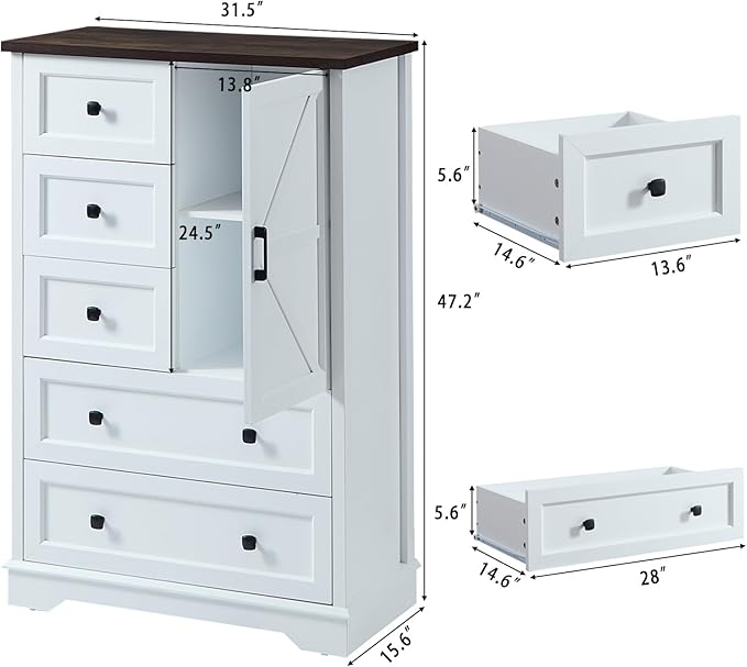 SOOWERY White Dresser for Bedroom, 5 Drawers Farmhouse Wood Dresser with Double Storage Cabinet, 48 Inches Tall Chest of Drawers for Bedroom, Living Room, Hallway