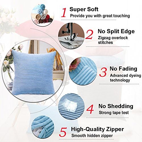 Home Brilliant Blue Throw Pillow Covers Set Supersoft Corduroy Decorative - Image 6