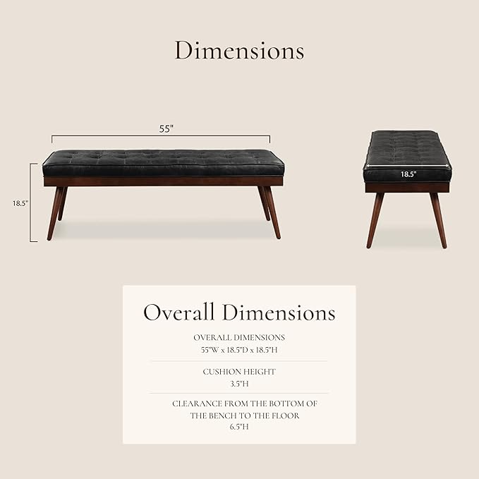 Poly & BARK 55" Tufted Leather Bed Bench for Bedroom End of Bed - Living Room Entry Way Bench - Pure Italian Leather Upholstery with a Solid Wood Frame - Ottoman Bench with Wooden Legs - Onyx Black