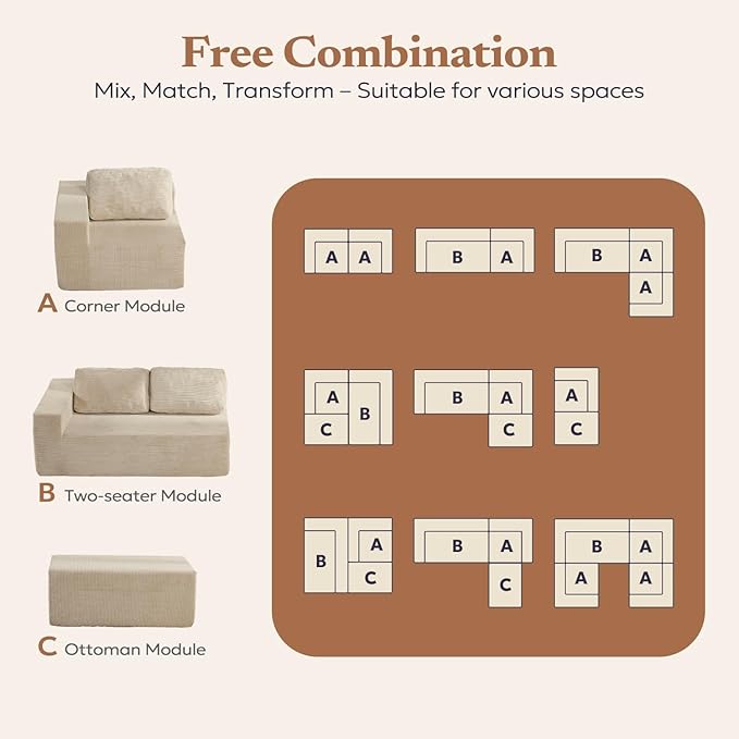 40" Modular Upholstered Foam Couch, Upholstered Floor Sofa Couch with Pillow, Single Sofa for Bedroom Living Room, No Assembly Required (Corduroy Fabric, Beige)