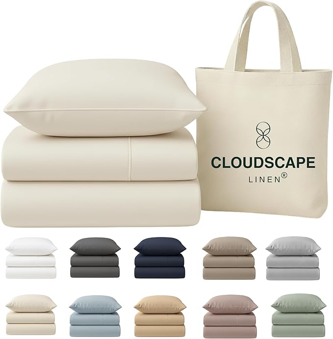 Cloud Scape Linen 100% Egyptian Cotton Sheets Twin Size, 3 Pieces Luxury Bedding Set, 400 Thread Count,Hotel Quality, Silky Soft, Breathable and Durable, Deep Pockets up to 15, Ivory