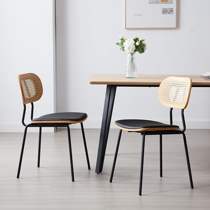 HEAH-YO Modern Dining Chairs Set of 2, Upholstered Faux Leather Rattan Dining Chairs with Backrests, Armless Dining Room Chairs for Kitchen, Black