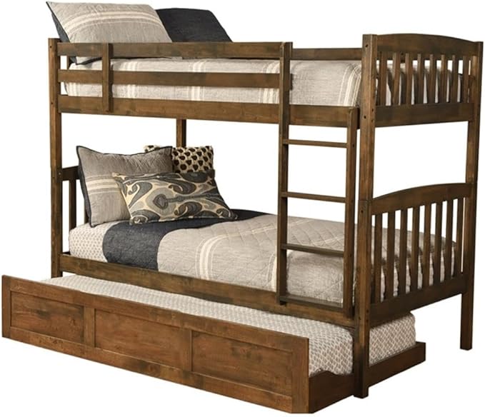 Kodiak Furniture Claire Wood Twin Over Twin Bunk Bed with Trundle Bed in Rustic Walnut Brown Finish - Mattresses Not Included
