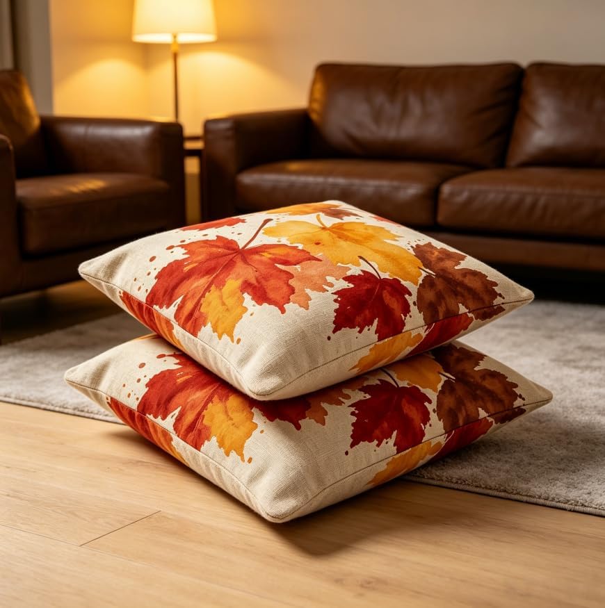 Fall Throw Pillow Covers, Autumn Maple Leaf Watercolor Print, 18x18 Inch - Image 5