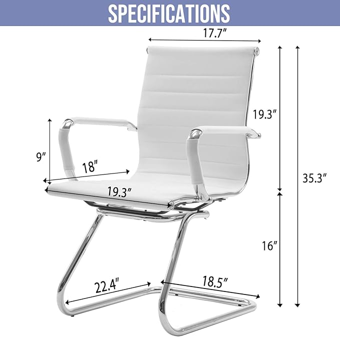 Wahson Office Guest Chairs Set of 2, Leather Reception Chairs, Mid Back Waiting Room Chair, Conference Chairs with Sled Base, Desk Chair No Wheels for Meeting/Lobby/Restroom, White