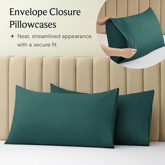 LuxClub 4 PC Queen Sheet Set, Deep Pockets Wrinkle Free Cooling Bed Sheets Hotel Bedding for Women, Men, Includes 1 Fitted Sheet, 1 Flat Sheet and 2 Pillowcases-Silky Soft Emerald