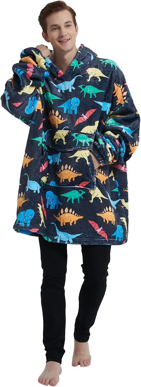 Wearable Blanket Hoodie for Adult,Oversized Sherpa Fleece Blanket Hoodie for Women Men,Dinosaur