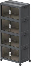 Stackable Storage Bins Wheel, Large Collapsible Closet Organizer with Lid, Foldable Storage Cabinet with Door, Plastic Folding Storage Boxes for Home, Pantry, Office (L, Gray 4-Tier)