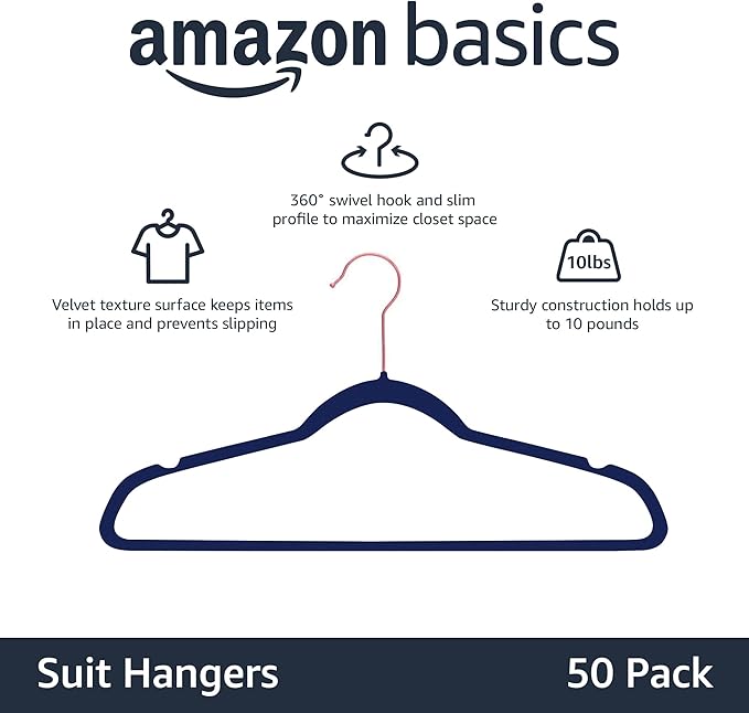 Amazon Basics Slim Velvet, Non-Slip Suit Clothes Hangers, Pack of 50, Navy Blue/Rose Gold