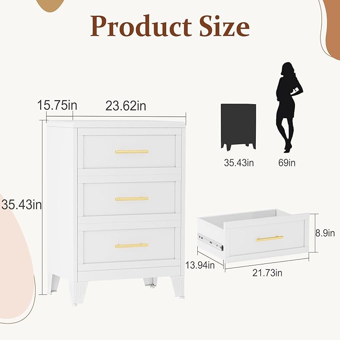 Metal Small Dresser for Bedroom, White Dressers & Chest of Drawers, 3 Drawer Dresser with Curved Corner, Storage Cabinet for Living Room, Entryway, Home Office (White, 24" W)
