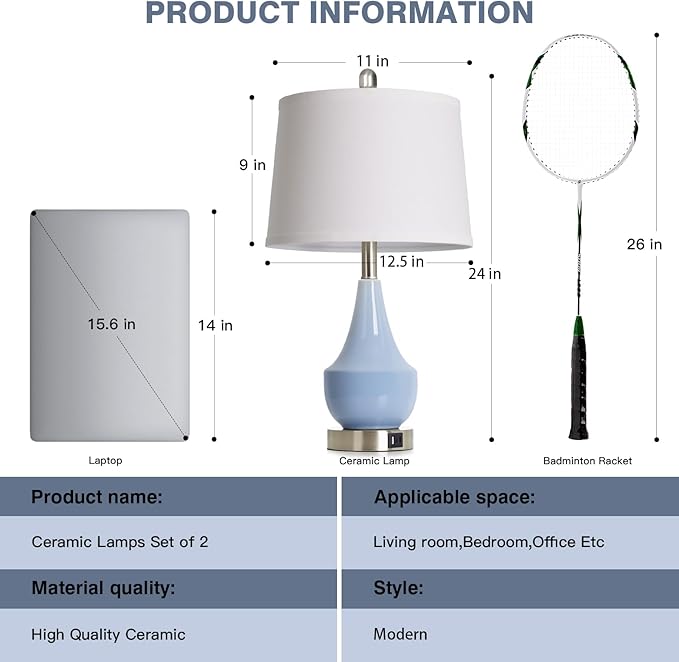 Modern Blue Table Lamp Set of 2, 24" Ceramic Table Lamp with USB A+C Ports,Classic Beside Lamps Nightstand Lamp Modern Lamp for Living Room, Bedroom & Office -LED Bulbs Included