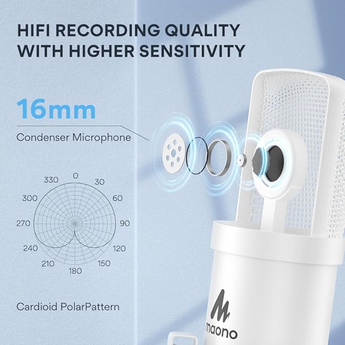 MAONO USB Microphone, 192kHz/24bit Plug & Play PC Computer Podcast Condenser Cardioid Metal Mic Kit with Professional Sound Chipset for Recording, Gaming, Singing, YouTube, AU-A04 White