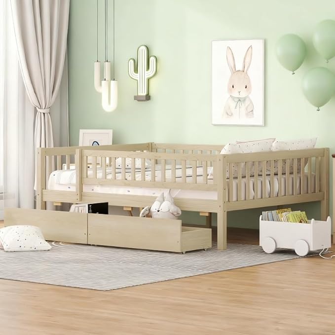 Bellemave Full Size Bed Frames with Rails for Kids, Full daybed Frame with Drawers for Boys/Girls/Adults， Natural