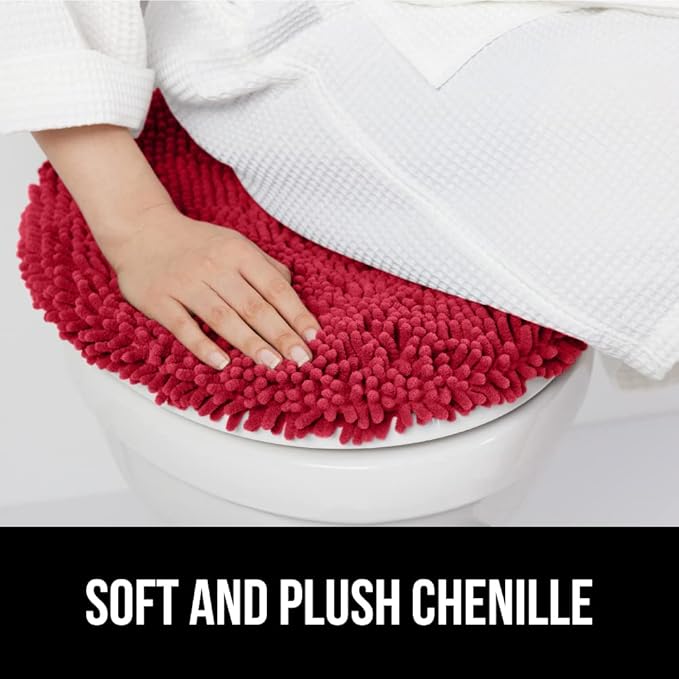 GORILLA GRIP Soft Chenille Bathroom Toilet Lid Cover, Machine Washable Seat Covers, 19.5x18.5, Stays in Place Rubber Backing, Fits Most Round, Elongated and Oblong Lids, Accessories Decor, Red