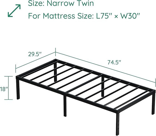 18 Inch Narrow Twin Bed Frames Heavy Duty No Box Spring Needed Metal Platform with Maximum Storage, Easy Assembly, Noise Free, Black